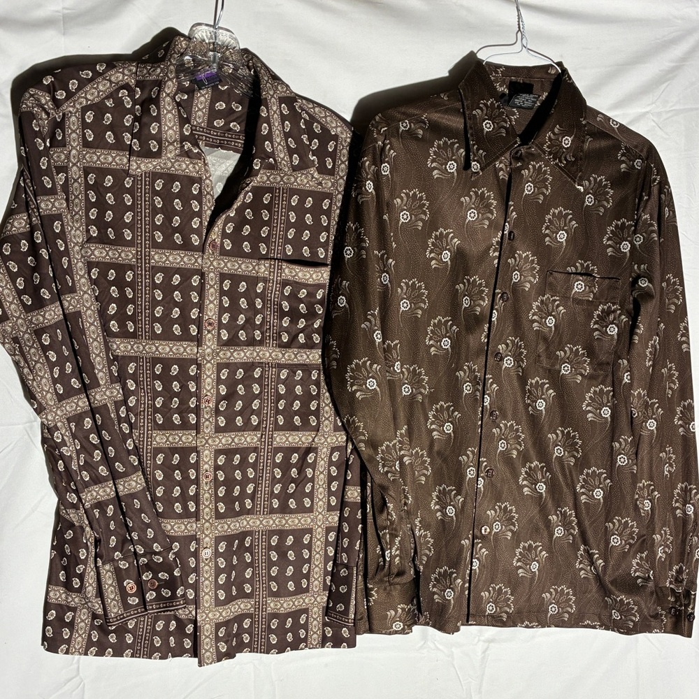 Vintage Joel made in Cali,  70s Button-Ups in  Brown Paisley & floral  BOGO!